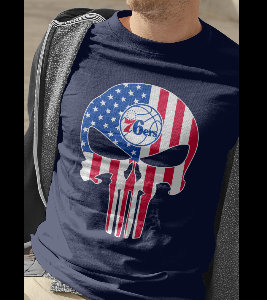 Philadelphia 76ers American Flag Punisher Style Skull T-Shirt