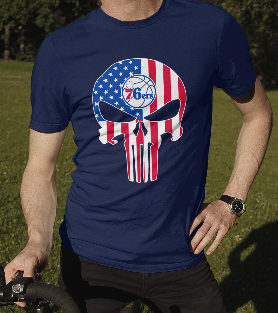 Philadelphia 76ers American Flag Punisher Style Skull T-Shirt