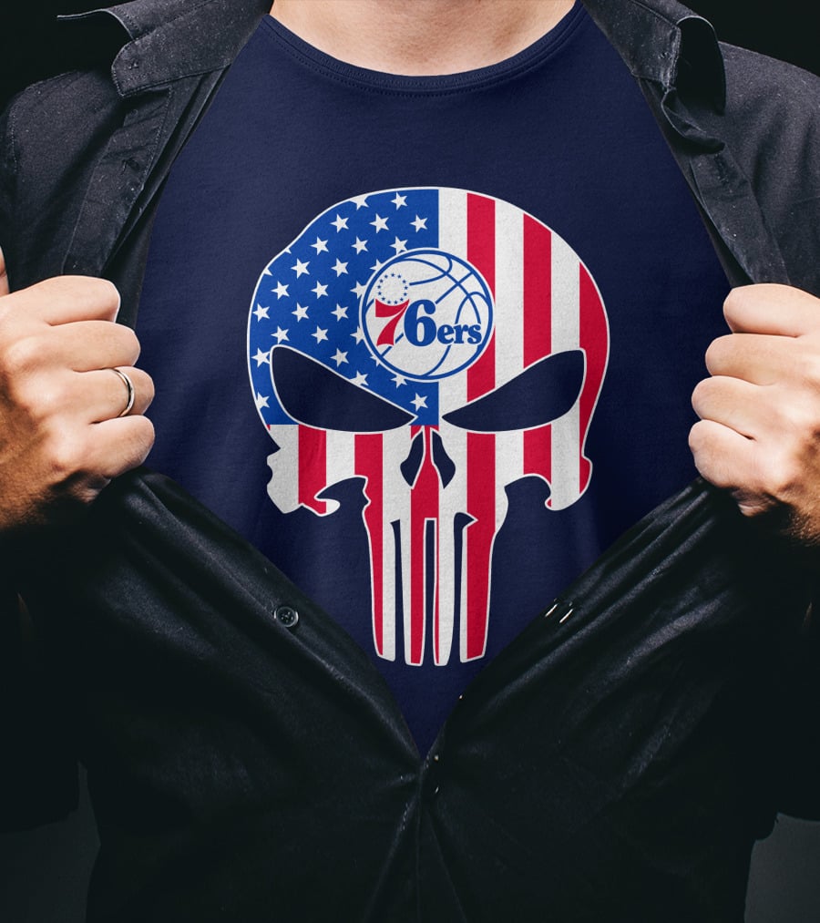 Philadelphia 76ers American Flag Punisher Style Skull T-Shirt