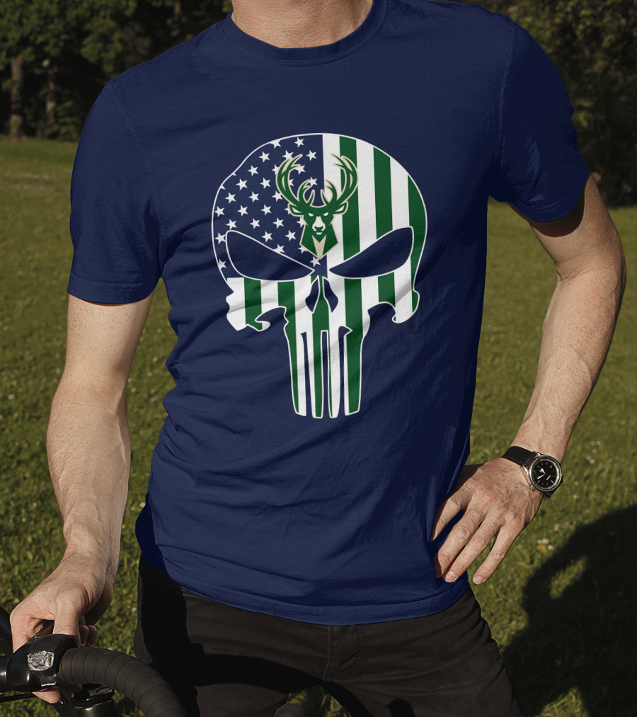 Milwaukee Bucks Punisher Skull American Flag Deer T-Shirt