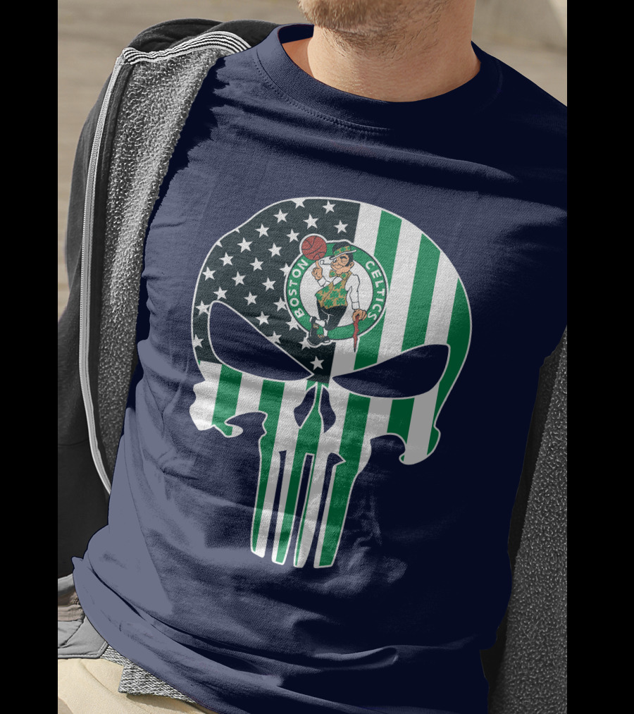 Boston Celtics Punisher Logo American Flag Skull T-Shirt
