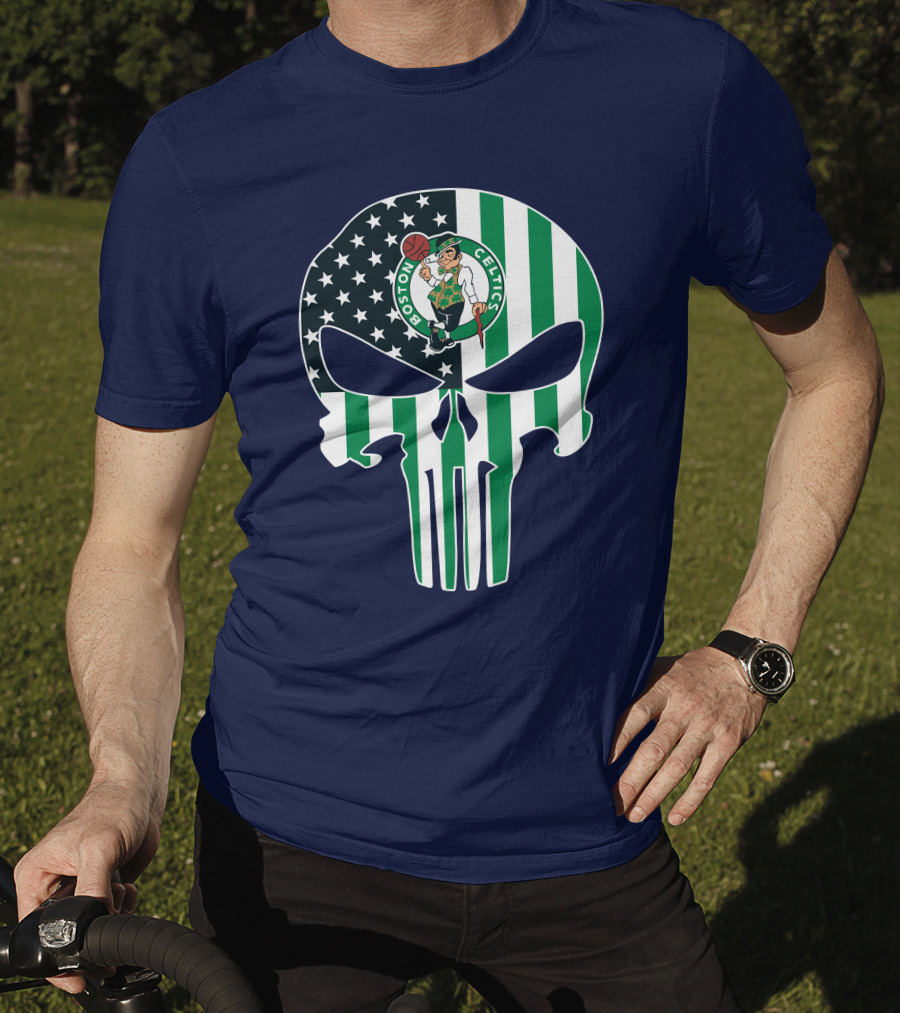Boston Celtics Punisher Logo American Flag Skull T-Shirt