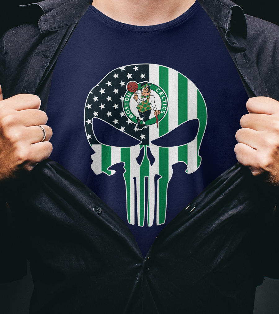 Boston Celtics Punisher Logo American Flag Skull T-Shirt