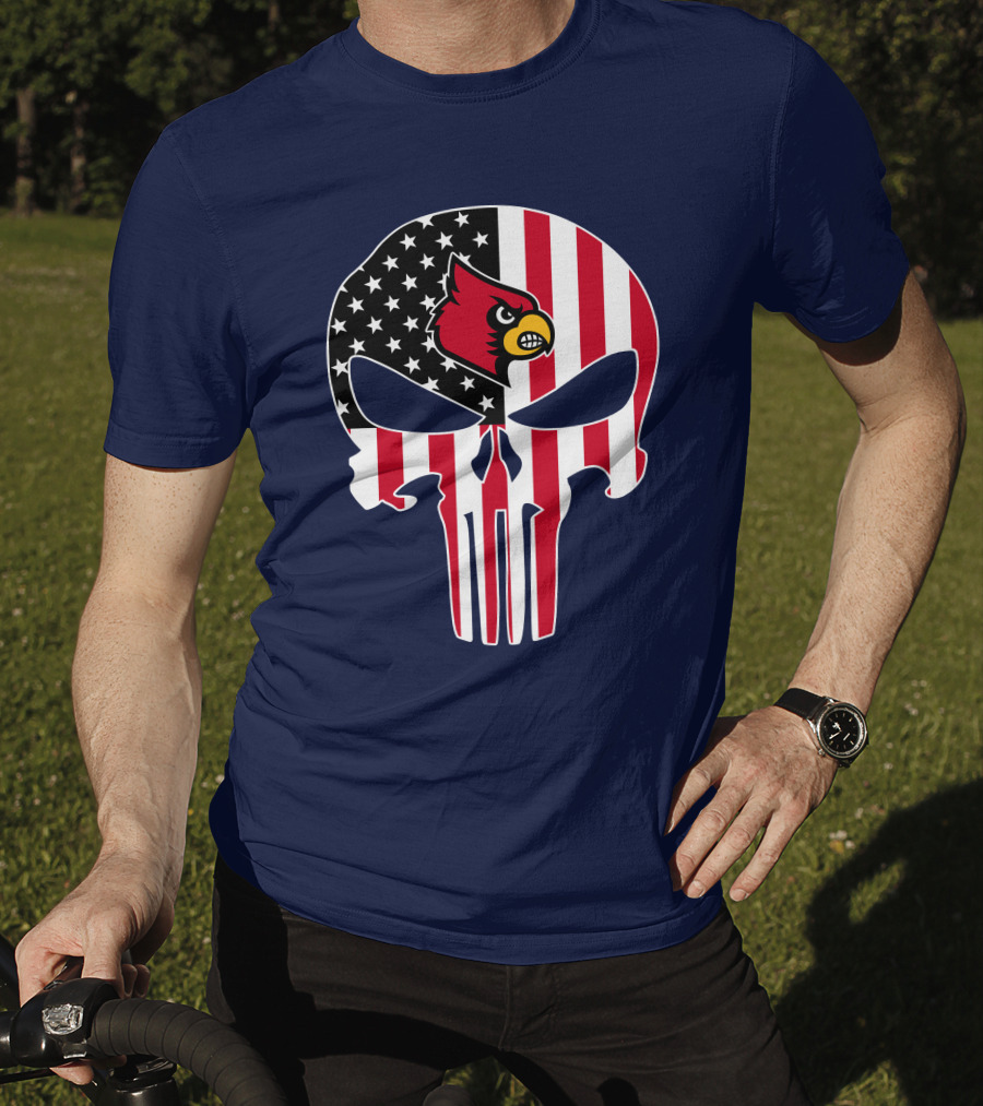 American Flag Punisher Skull Louisville Cardinals T-Shirt
