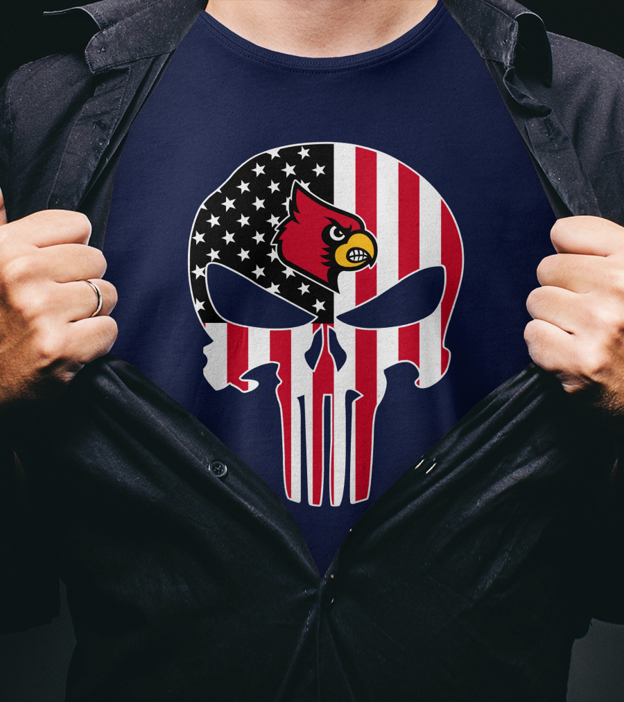 American Flag Punisher Skull Louisville Cardinals T-Shirt