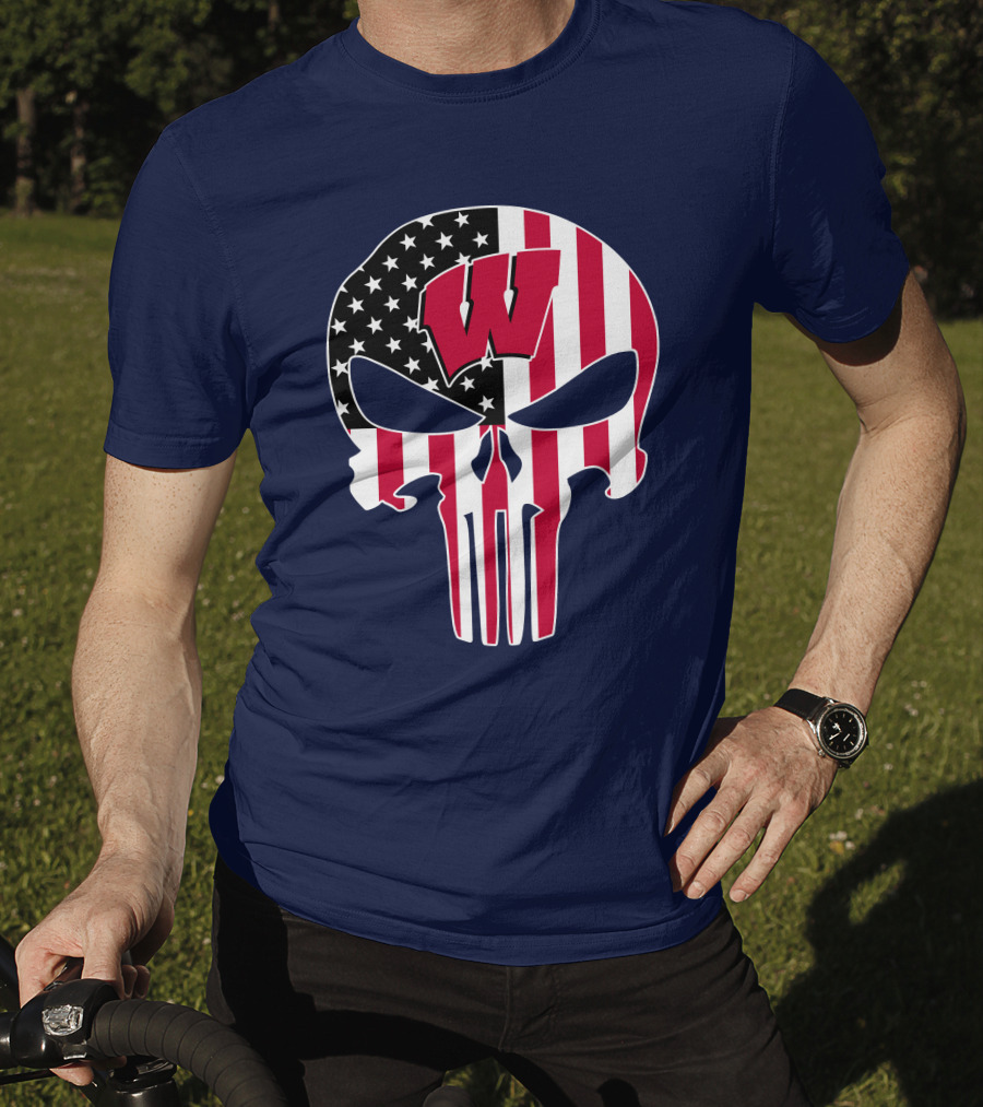 Wisconsin Badgers Punisher Skull American Flag T-Shirt