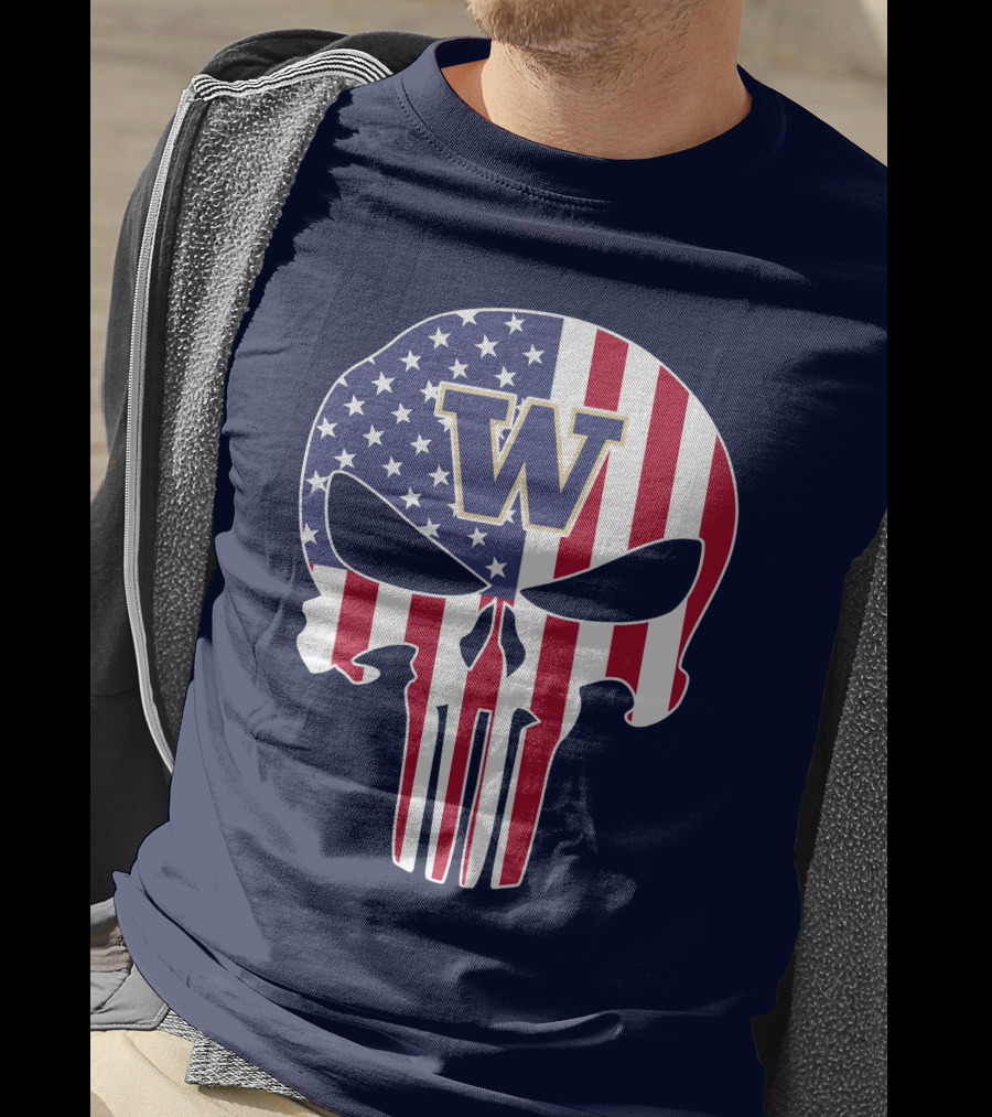 Washington Huskies The Punisher American Flag Skull W T-Shirt