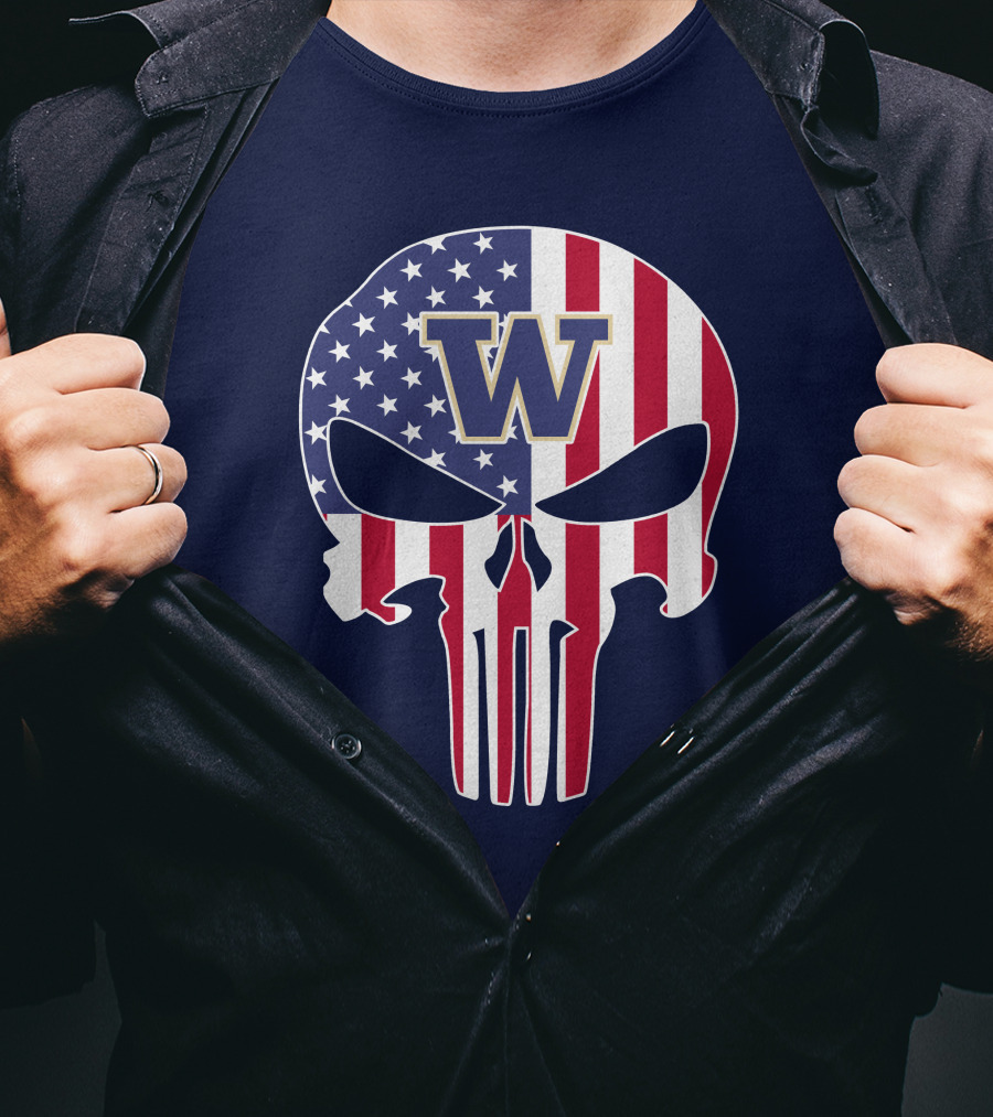 Washington Huskies The Punisher American Flag Skull W T-Shirt