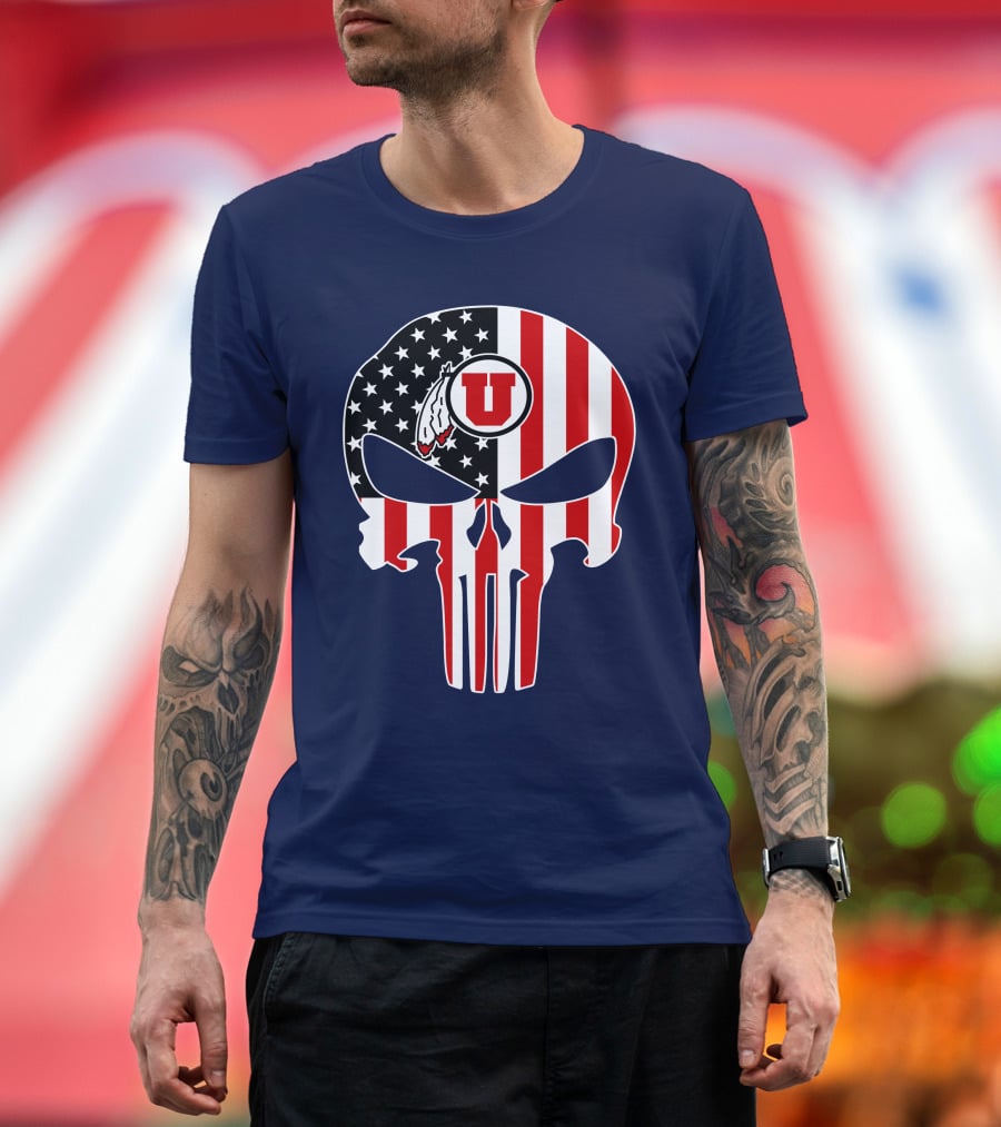 Utah Utes U Logo Punisher Skull American Flag T-Shirt