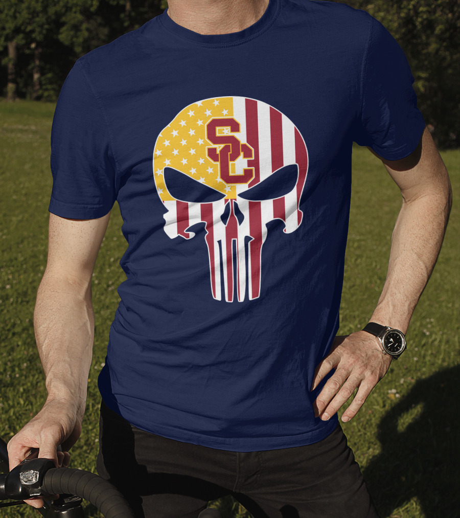 Usc Trojans Skull Punisher American Flag T-Shirt