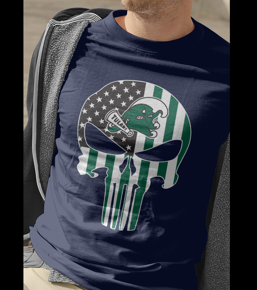 Tulane Green Wave 16 Punisher Flag Skull T-Shirt