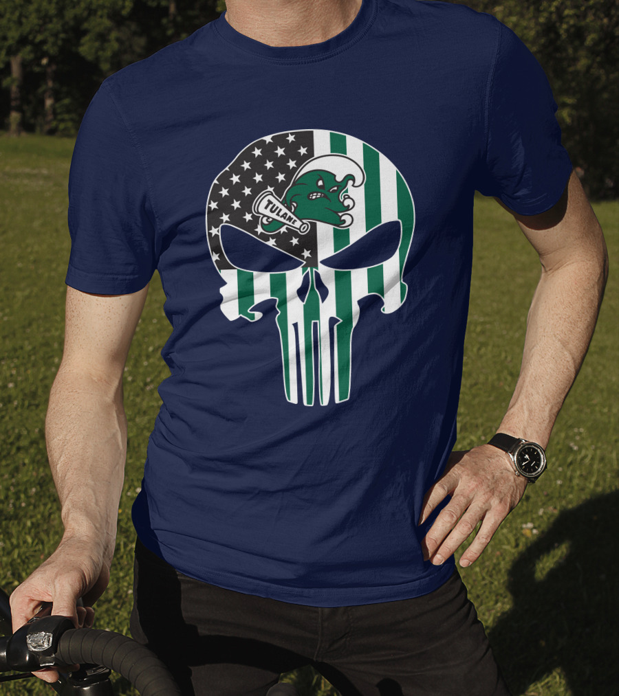 Tulane Green Wave 16 Punisher Flag Skull T-Shirt