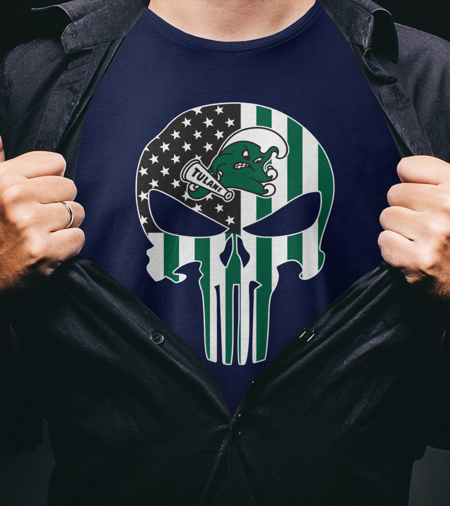 Tulane Green Wave 16 Punisher Flag Skull T-Shirt