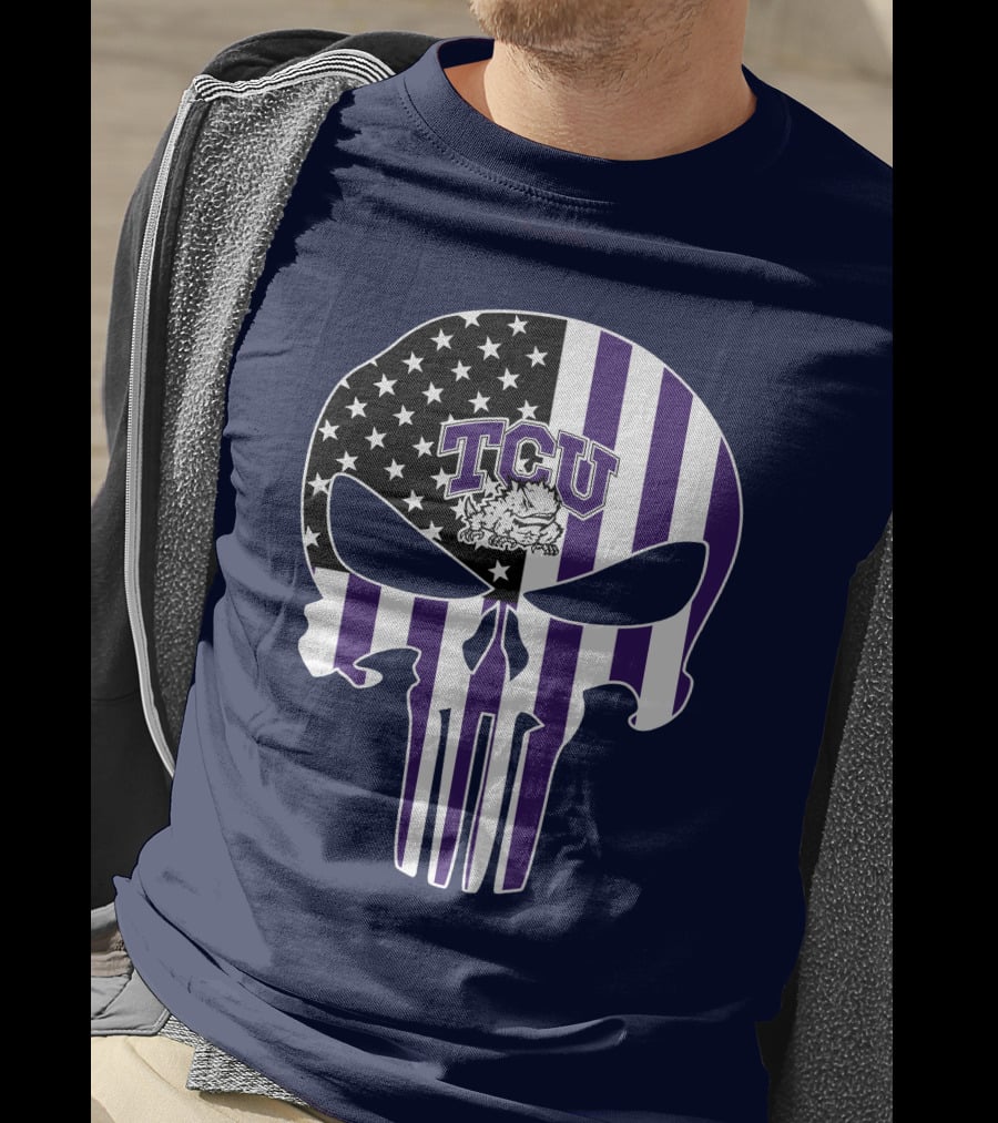Tcu Horned Frogs Logo With American Flag Punisher Skull T-Shirt