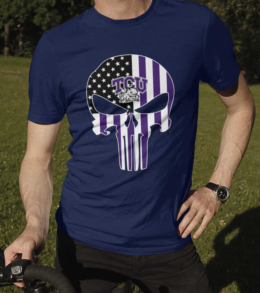 Tcu Horned Frogs Logo With American Flag Punisher Skull T-Shirt