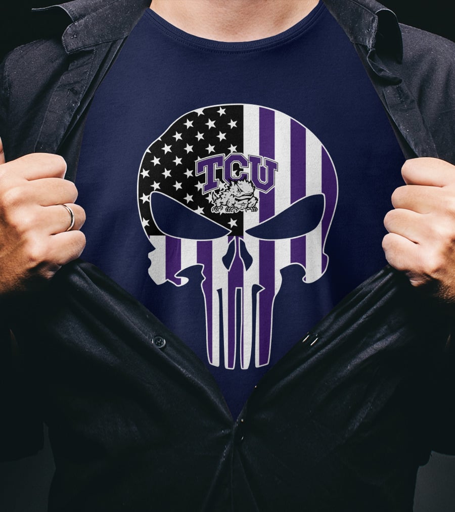 Tcu Horned Frogs Logo With American Flag Punisher Skull T-Shirt