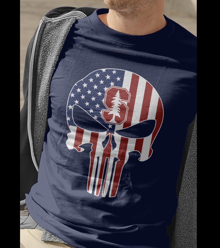 Stanford Cardinal Punisher Skull American Flag T-Shirt