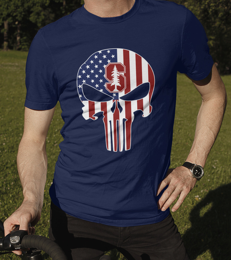 Stanford Cardinal Punisher Skull American Flag T-Shirt