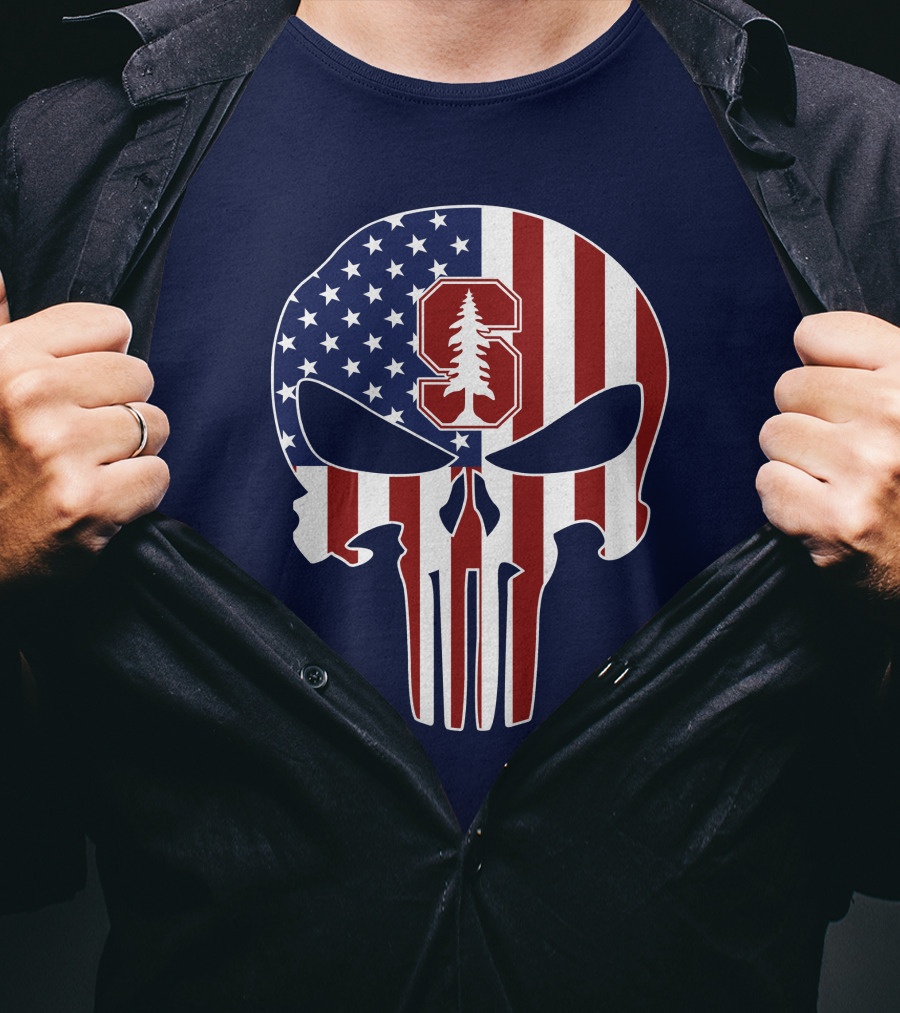 Stanford Cardinal Punisher Skull American Flag T-Shirt