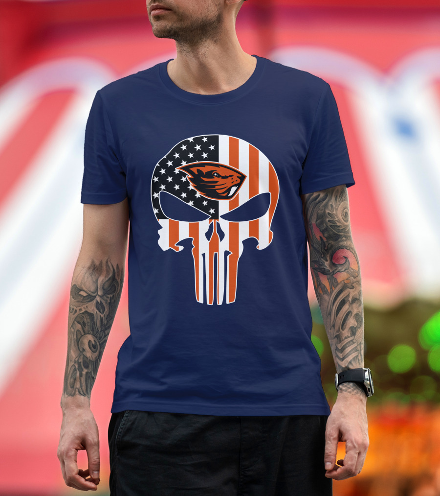 Oregon State Beavers American Flag Skull Logo Punisher 29 T-Shirt