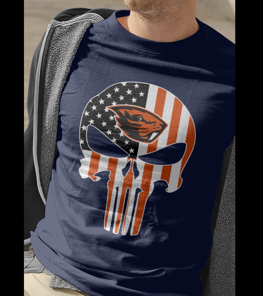 Oregon State Beavers American Flag Skull Logo Punisher 29 T-Shirt