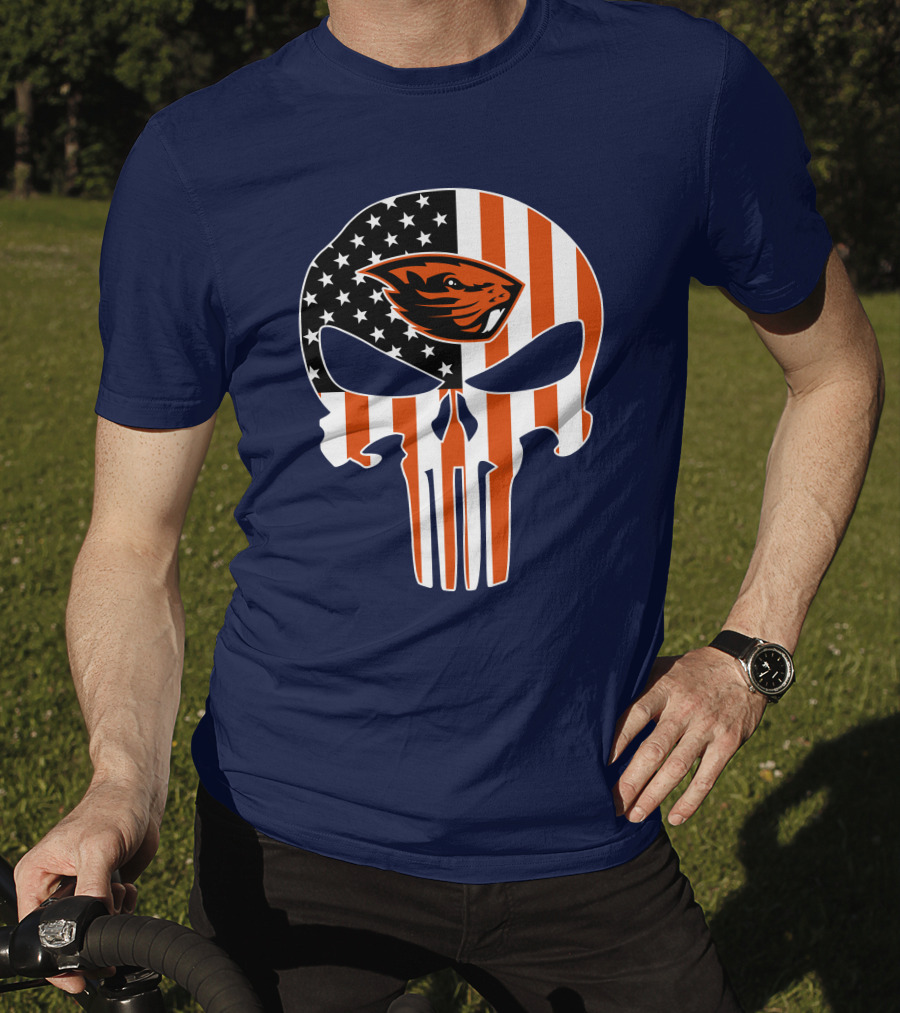Oregon State Beavers American Flag Skull Logo Punisher 29 T-Shirt
