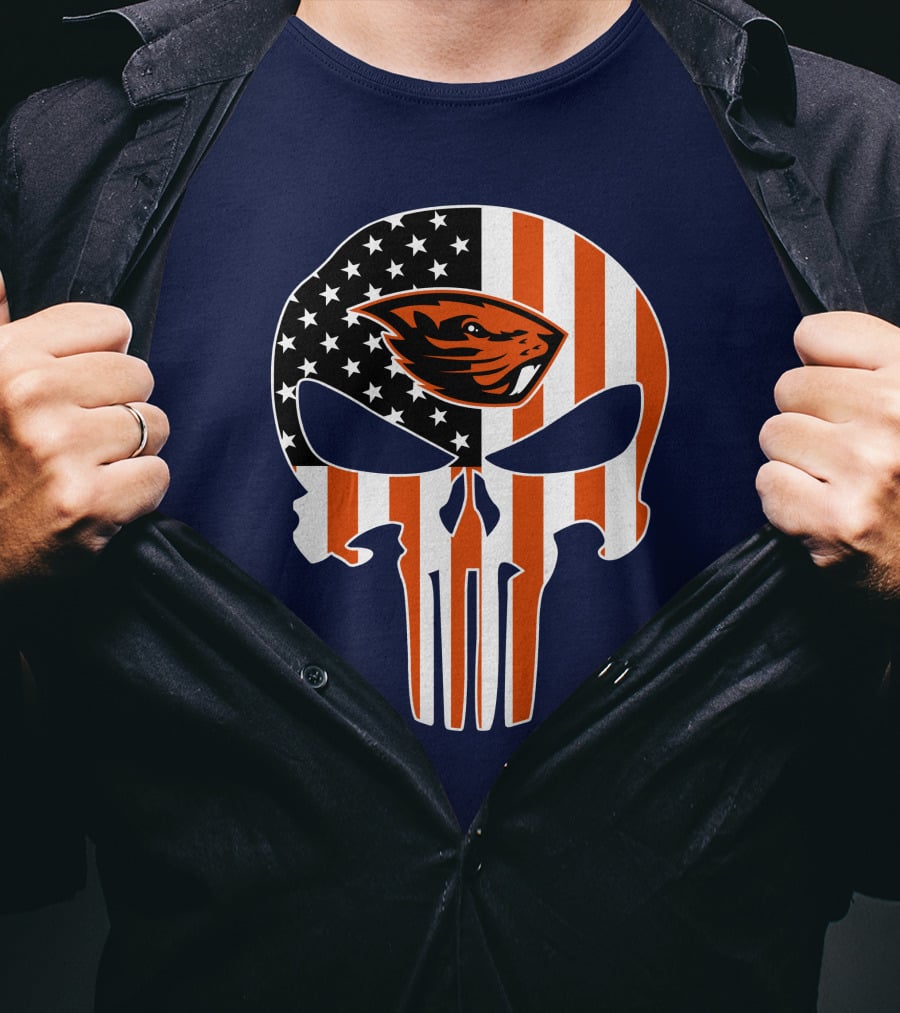 Oregon State Beavers American Flag Skull Logo Punisher 29 T-Shirt