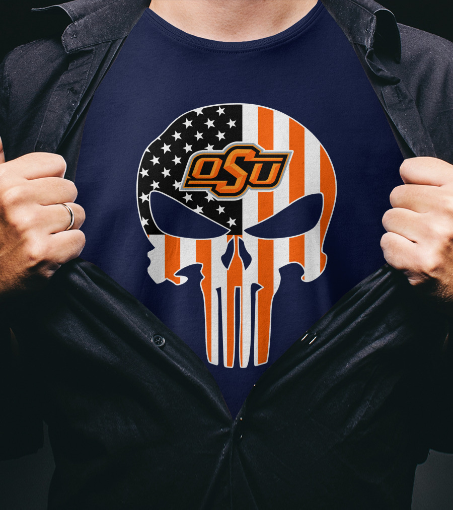 Oklahoma State Cowboys 32 Punisher Skull Osu American Flag T-Shirt