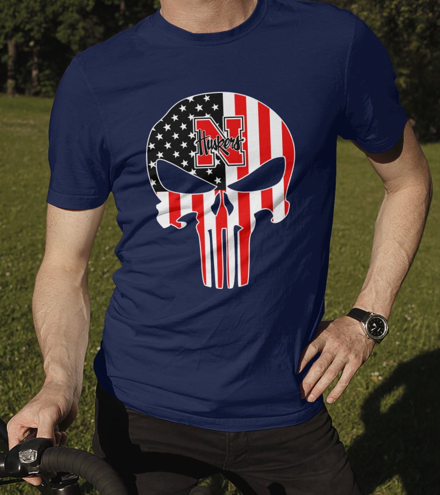 Nebraska Cornhuskers Punisher Skull American Flag T-Shirt