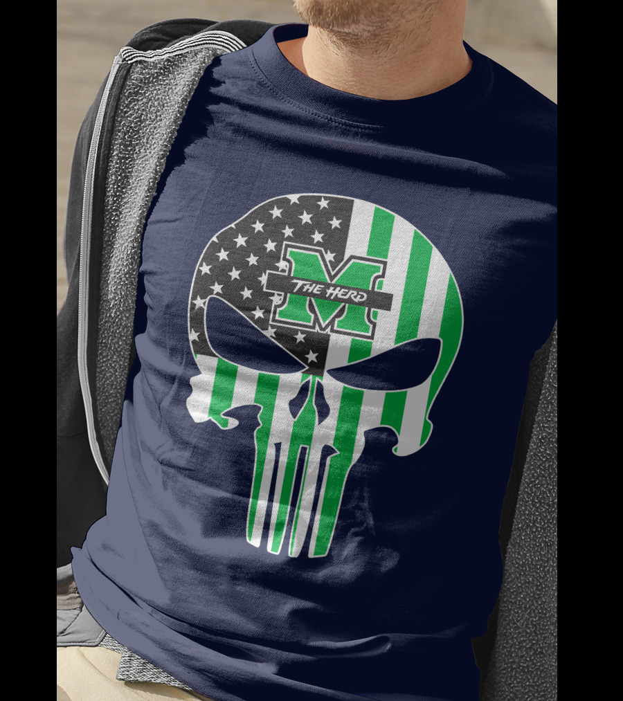 Marshall Thundering Herd The Punisher American Flag Skull T-Shirt