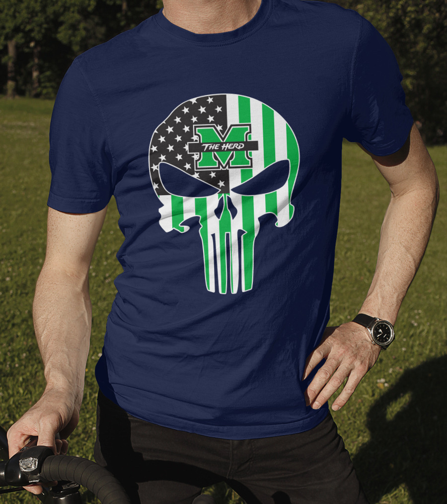 Marshall Thundering Herd The Punisher American Flag Skull T-Shirt