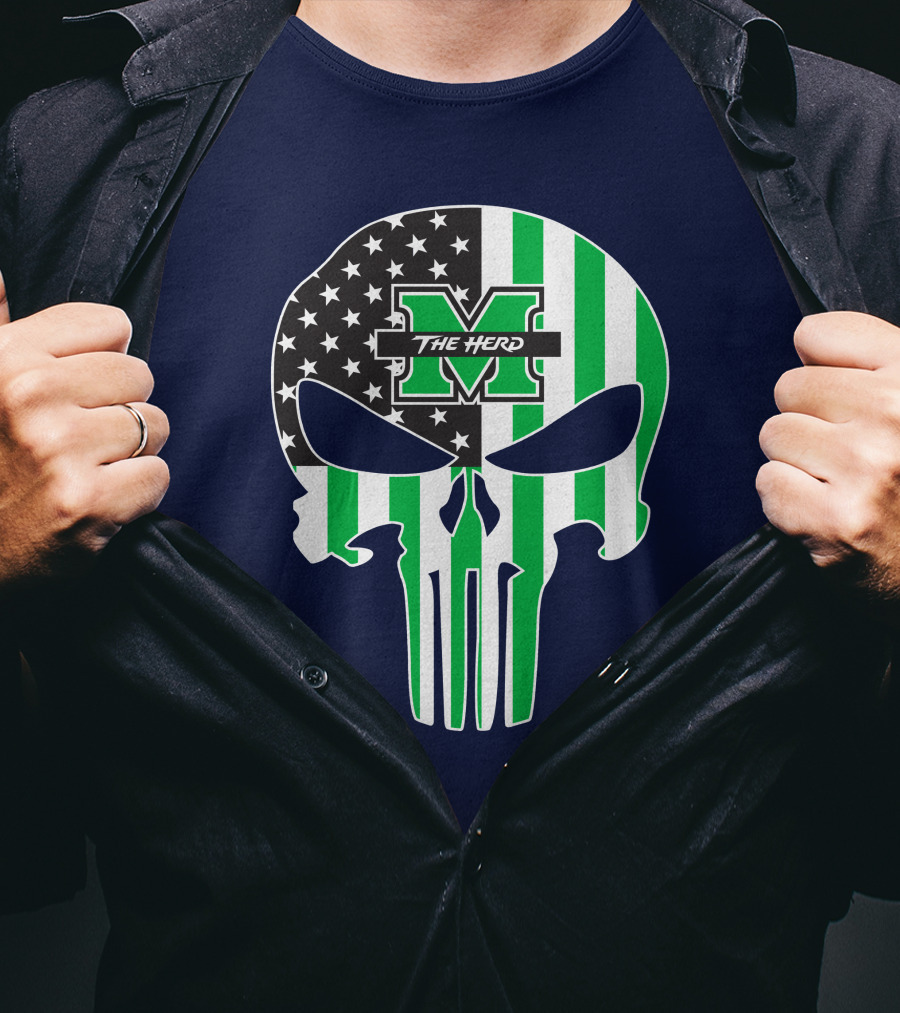Marshall Thundering Herd The Punisher American Flag Skull T-Shirt