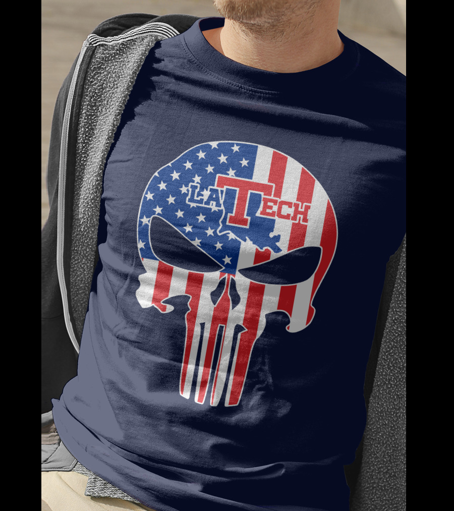 Louisiana Tech Bulldogs La Tech Skull American Flag Punisher T-Shirt