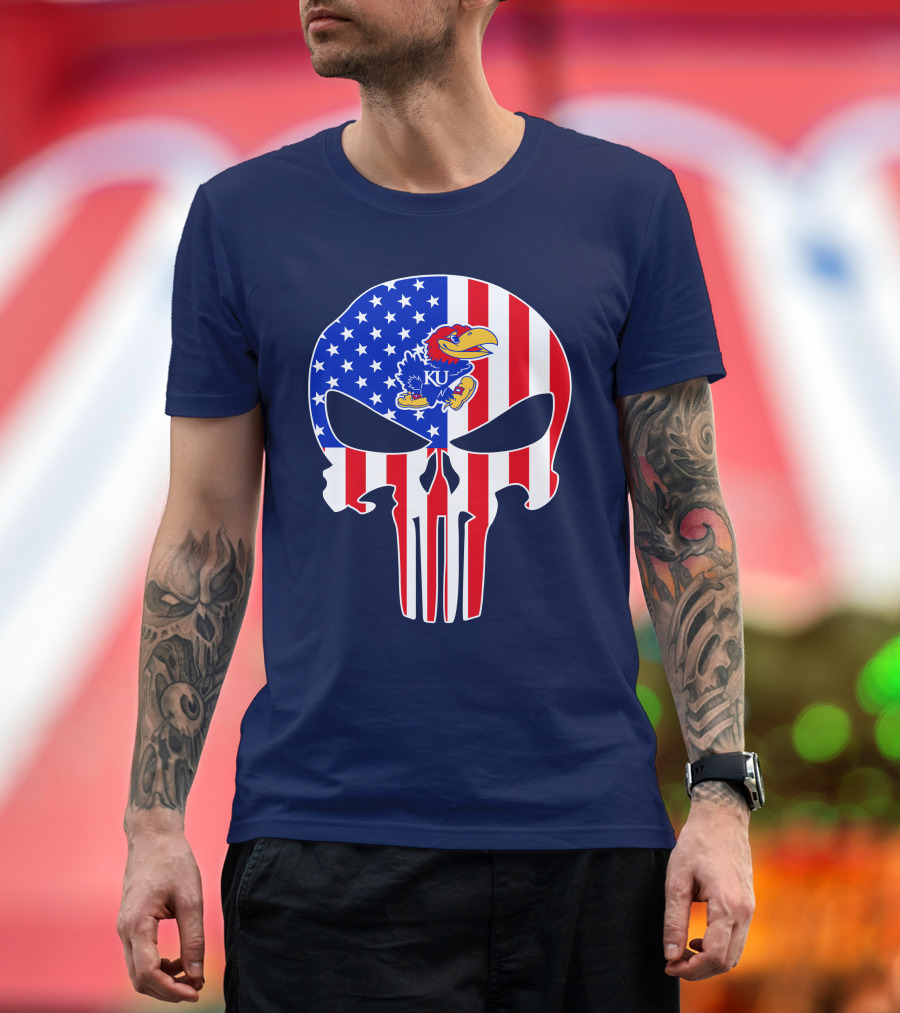 Kansas Jayhawks The Punisher American Flag Skull T-Shirt