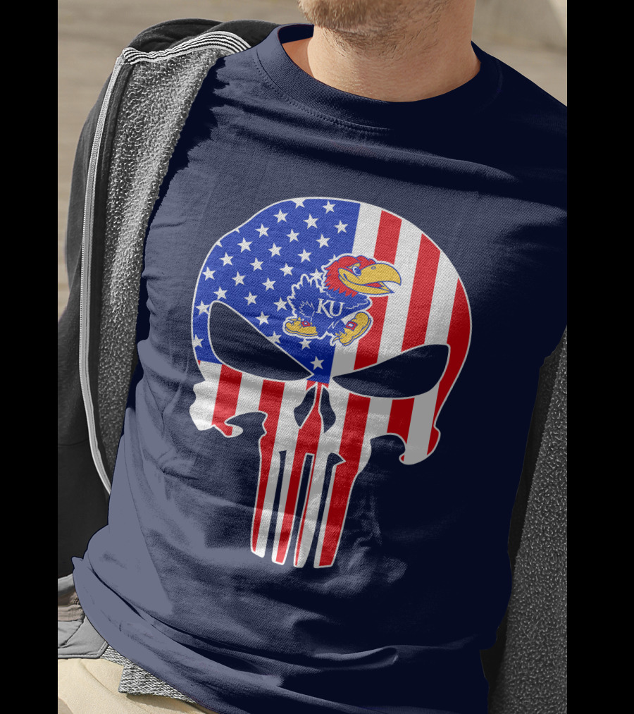 Kansas Jayhawks The Punisher American Flag Skull T-Shirt