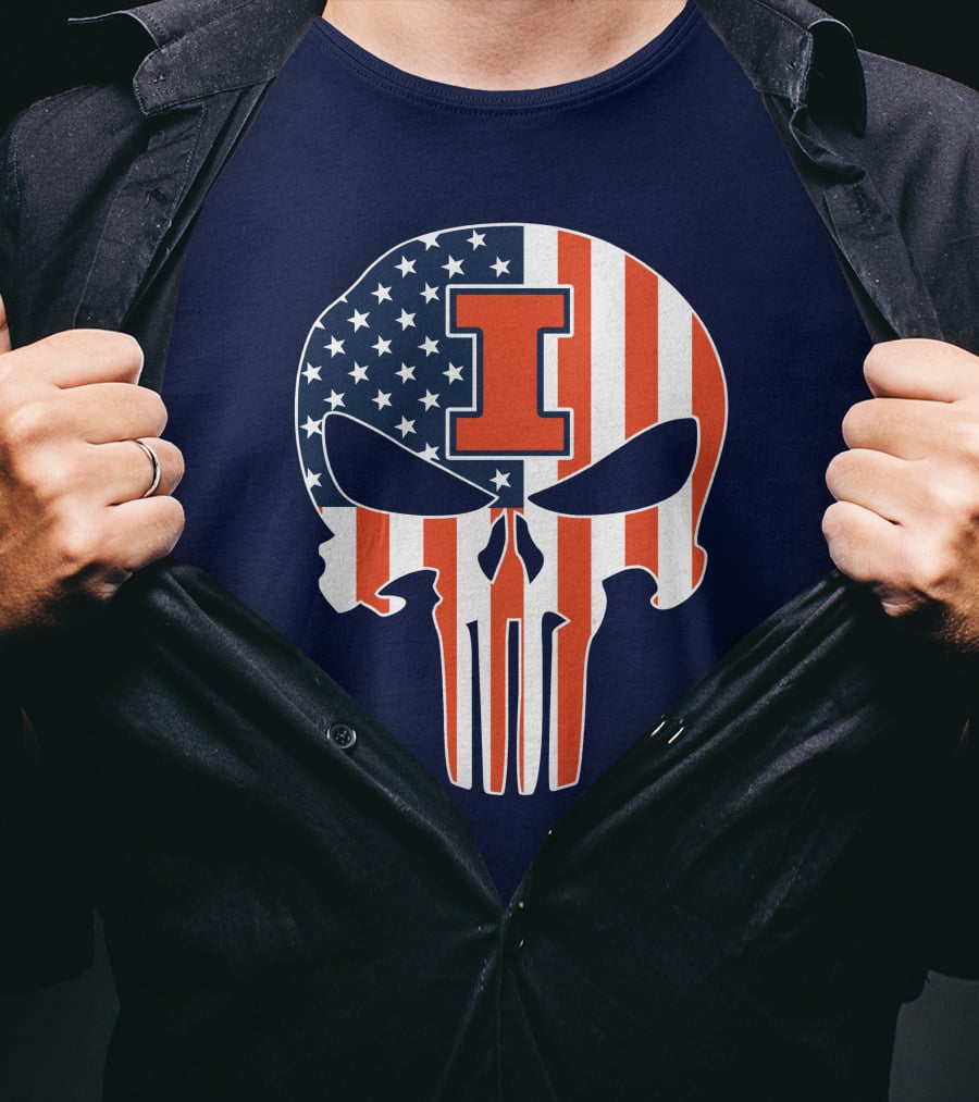 Illinois Fighting Illini Skull Punisher American Flag I T-Shirt