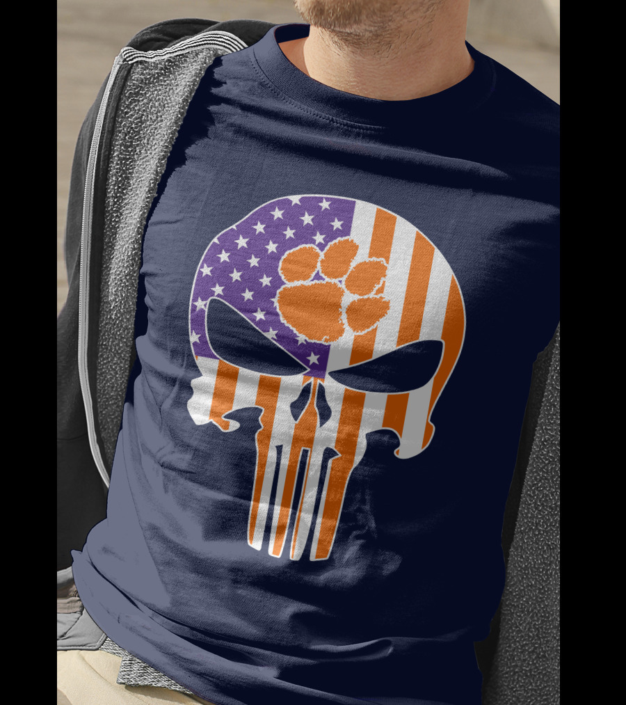 Clemson Tigers The Punisher American Flag Skull Paw T-Shirt