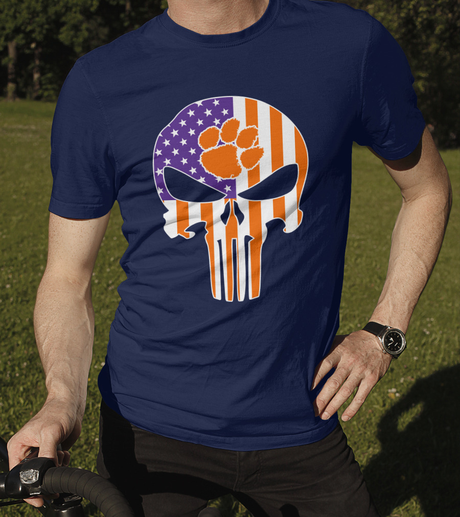 Clemson Tigers The Punisher American Flag Skull Paw T-Shirt