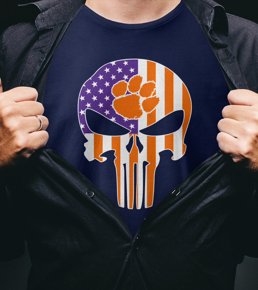 Clemson Tigers The Punisher American Flag Skull Paw T-Shirt