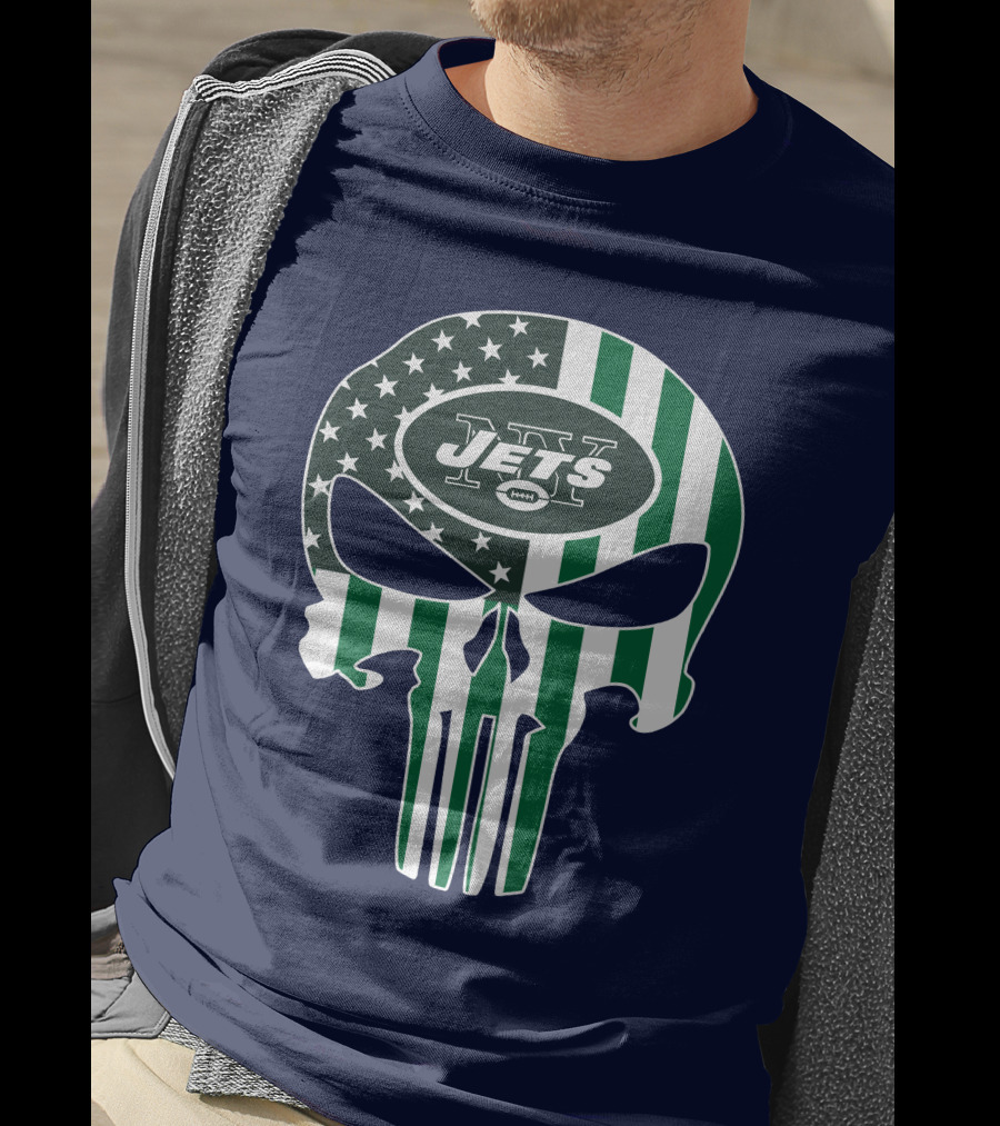 New York Jets Punisher Skull American Flag T-Shirt