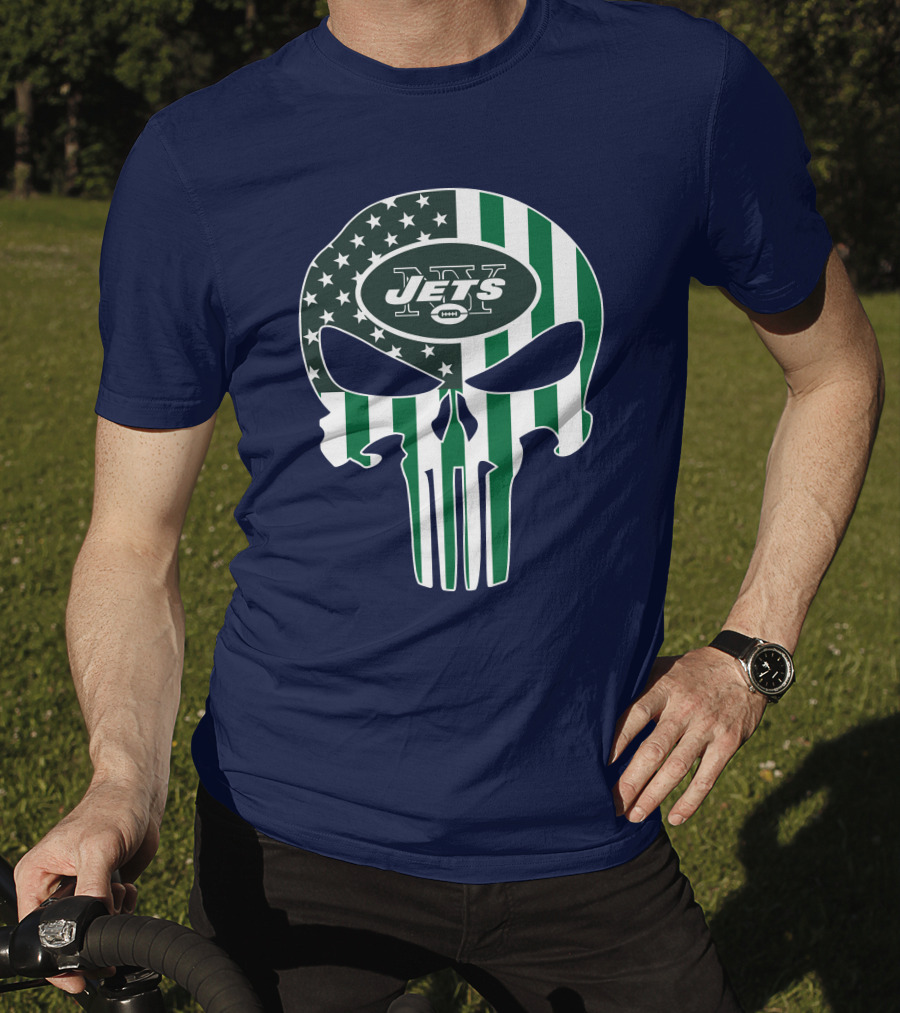 New York Jets Punisher Skull American Flag T-Shirt