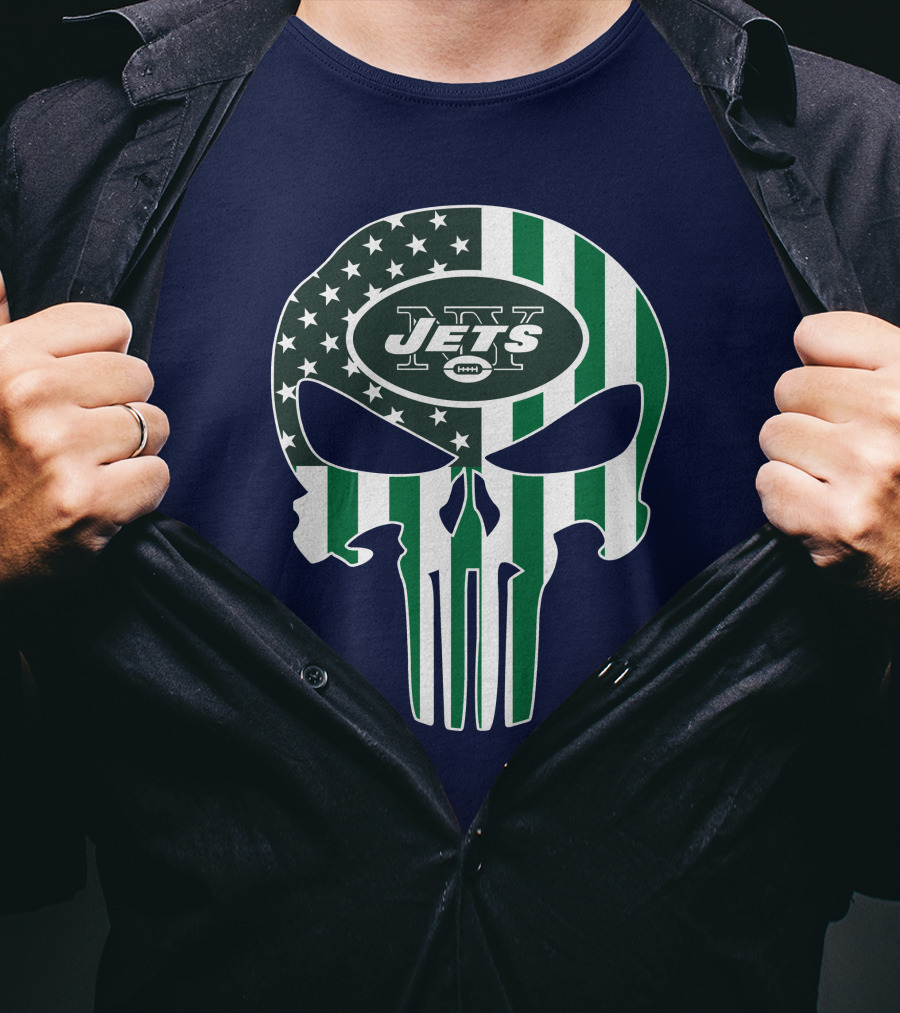 New York Jets Punisher Skull American Flag T-Shirt