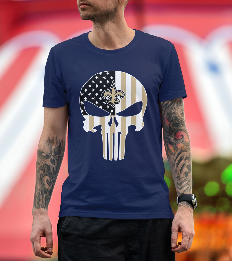 New Orleans Saints The Punisher American Flag Skull Fleur-De-Lis T-Shirt