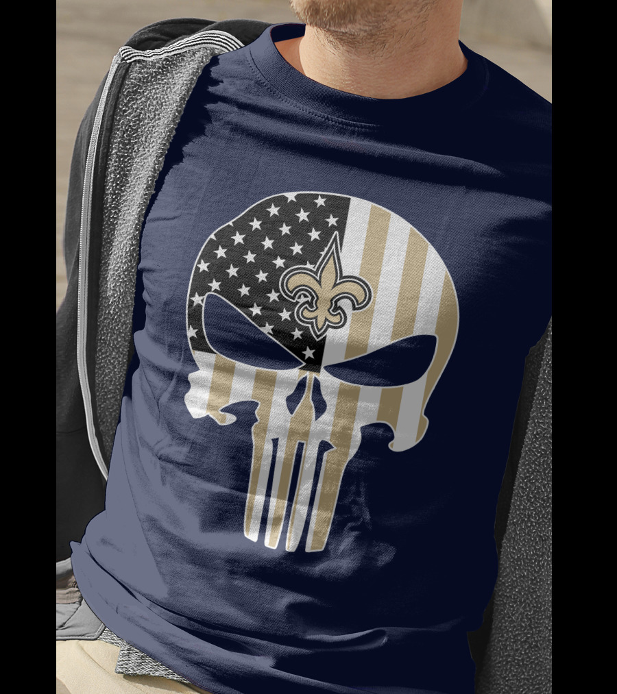 New Orleans Saints The Punisher American Flag Skull Fleur-De-Lis T-Shirt