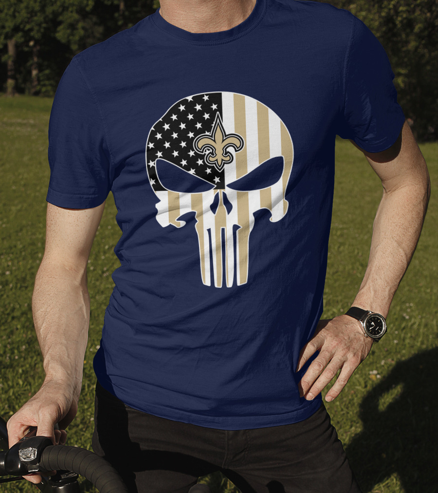 New Orleans Saints The Punisher American Flag Skull Fleur-De-Lis T-Shirt
