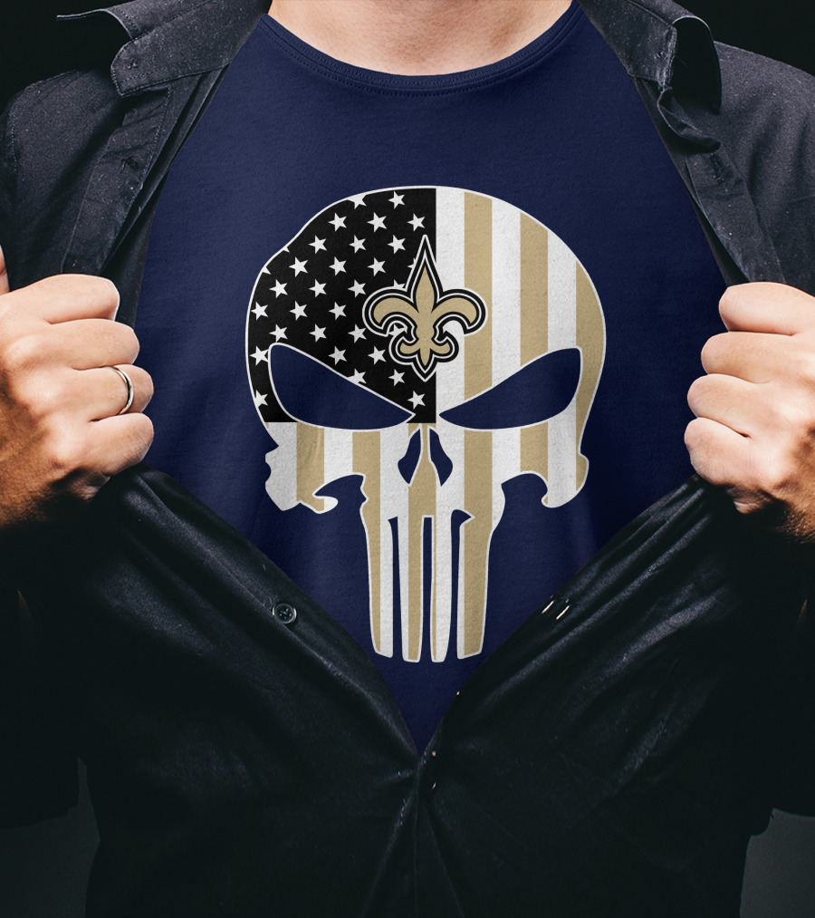 New Orleans Saints The Punisher American Flag Skull Fleur-De-Lis T-Shirt