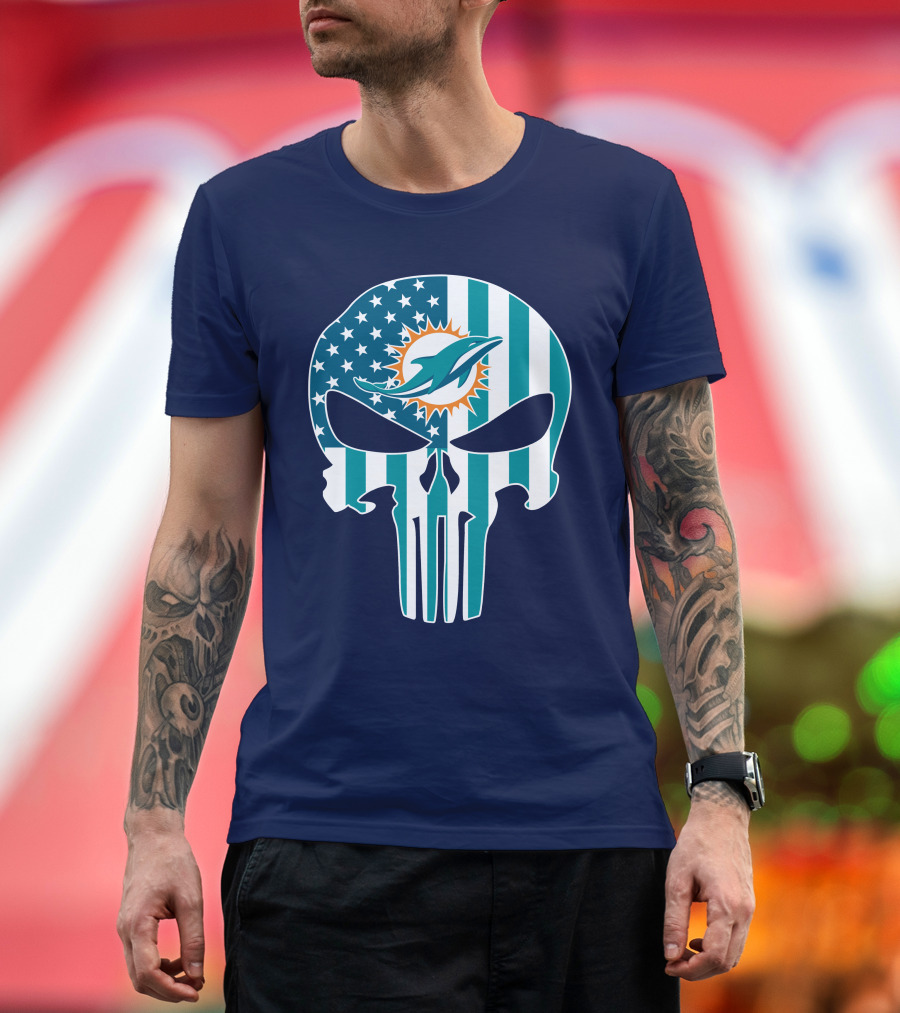 Miami Dolphins The Punisher American Flag Skulls T-Shirt