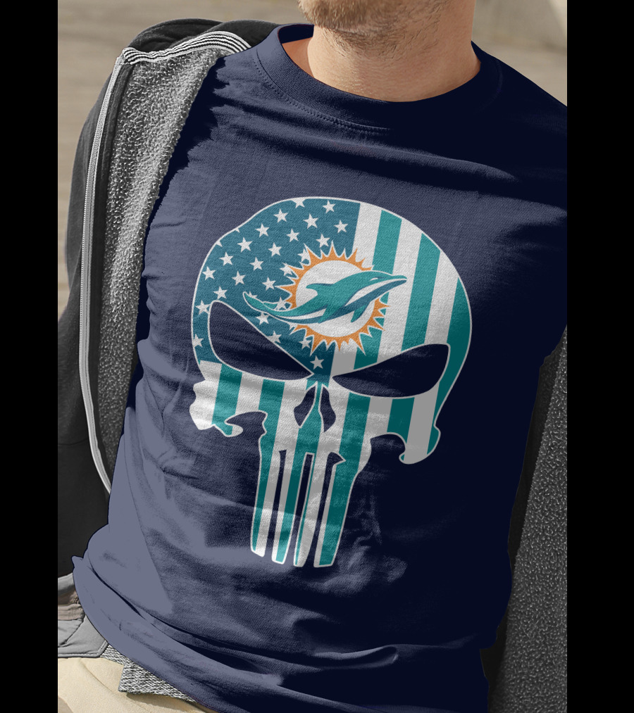 Miami Dolphins The Punisher American Flag Skulls T-Shirt