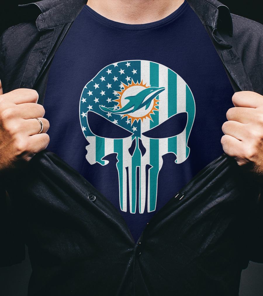 Miami Dolphins The Punisher American Flag Skulls T-Shirt