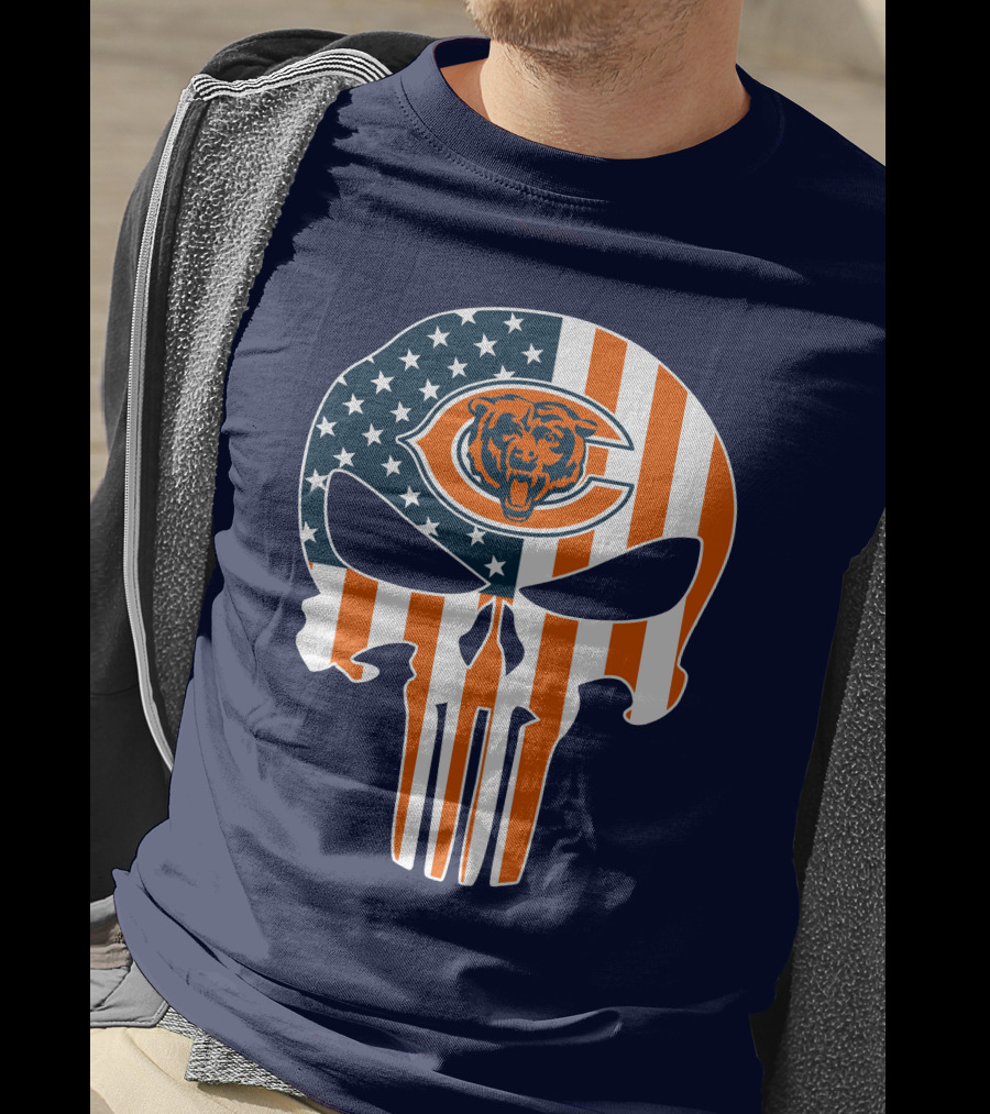 Chicago Bears The Punisher Skull American Flag T-Shirt